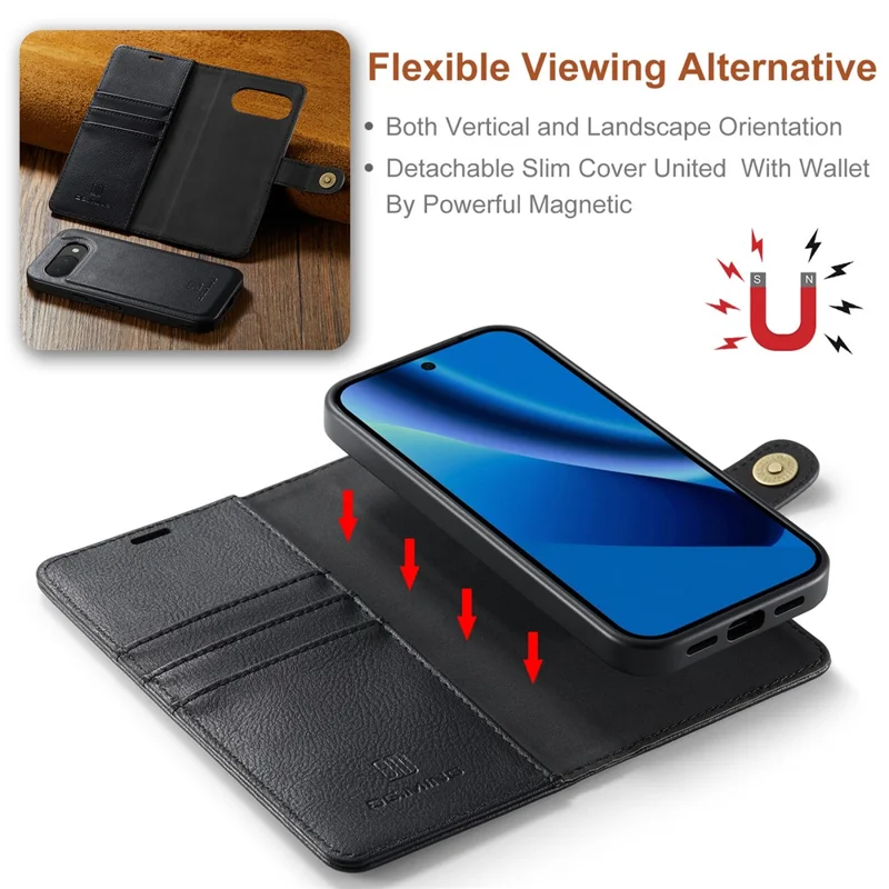 DG.MING for Google Pixel 10a Case Detachable Wallet Stand Split Leather Phone Cover - Black