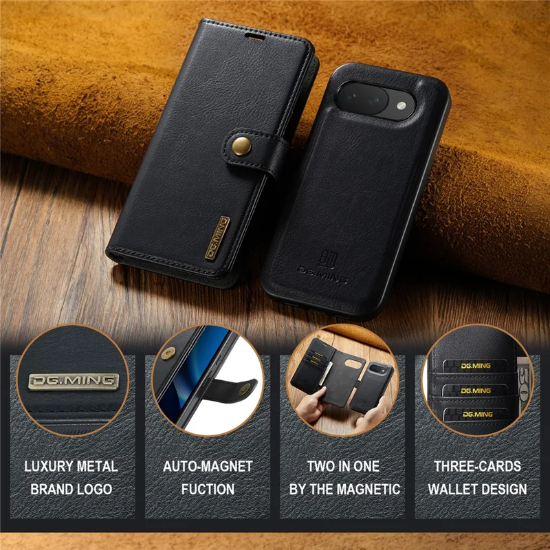 DG.MING for Google Pixel 10a Case Detachable Wallet Stand Split Leather Phone Cover - Black