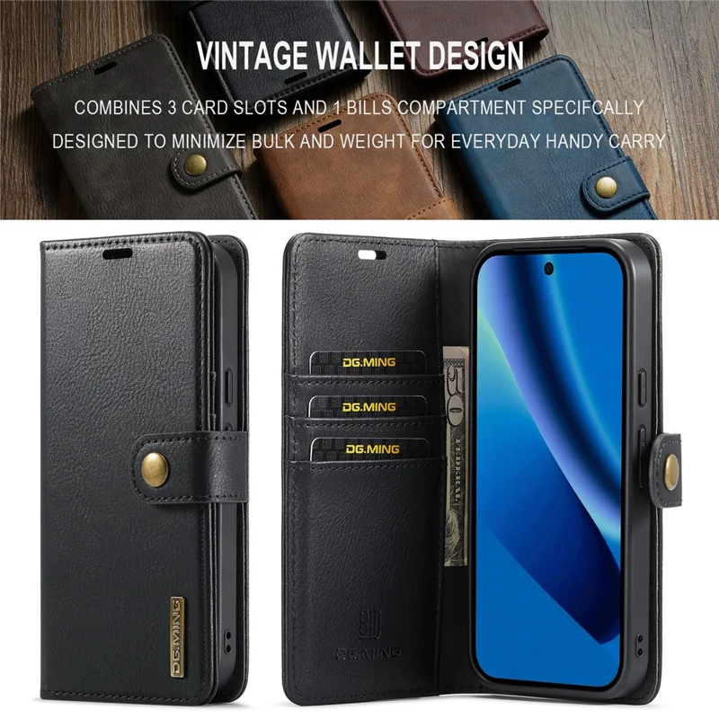 DG.MING for Google Pixel 10a Case Detachable Wallet Stand Split Leather Phone Cover - Black