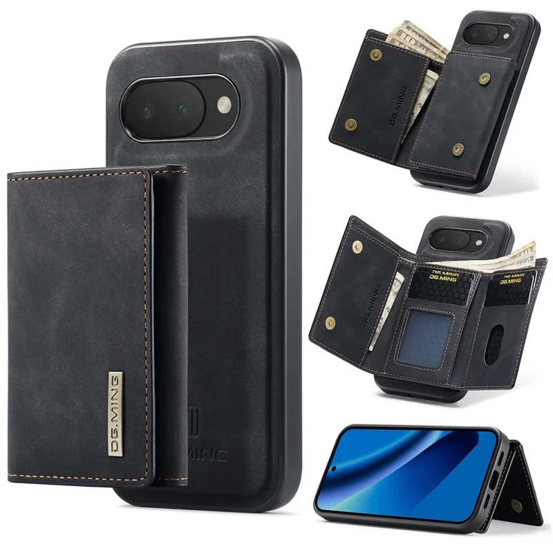DG.MING M1 Series for Google Pixel 10a Phone Case PU + TPU + PC Back Cover with Magnetic Tri-Fold Wallet Kickstand - Black