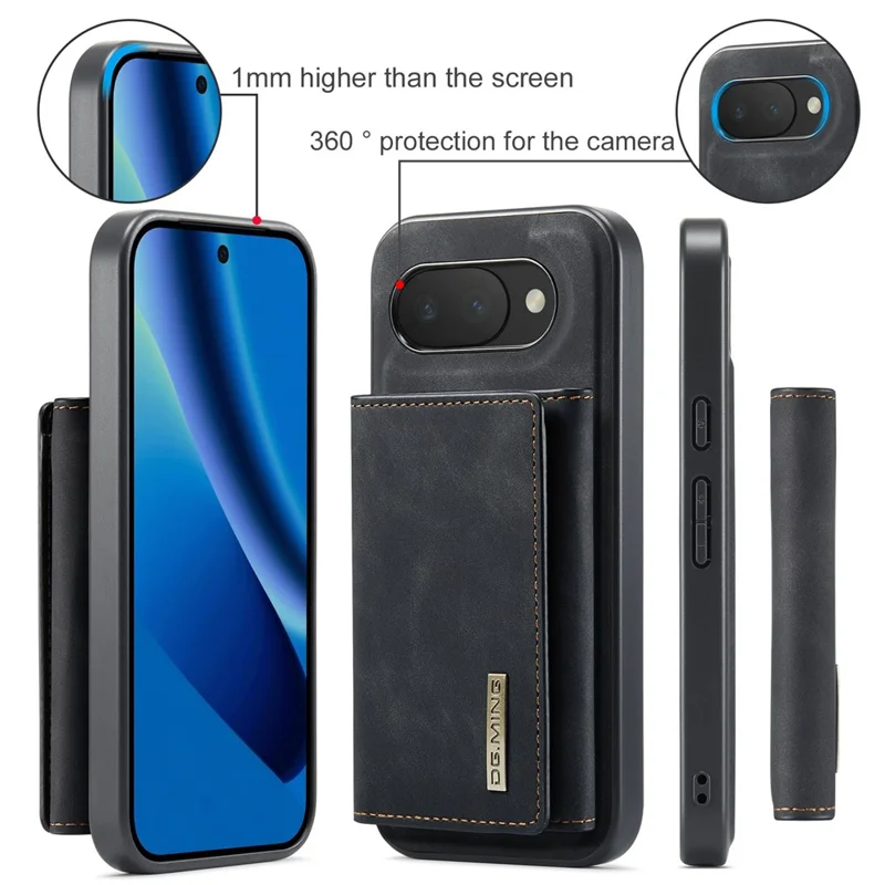 DG.MING M1 Series for Google Pixel 10a Phone Case PU + TPU + PC Back Cover with Magnetic Tri-Fold Wallet Kickstand - Black