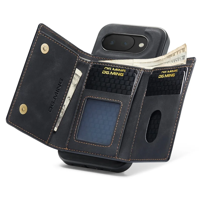 DG.MING M1 Series for Google Pixel 10a Phone Case PU + TPU + PC Back Cover with Magnetic Tri-Fold Wallet Kickstand - Black