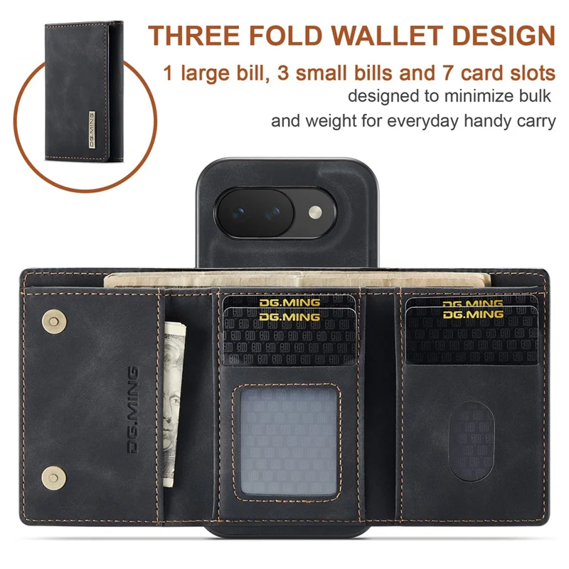 DG.MING M1 Series for Google Pixel 10a Phone Case PU + TPU + PC Back Cover with Magnetic Tri-Fold Wallet Kickstand - Black