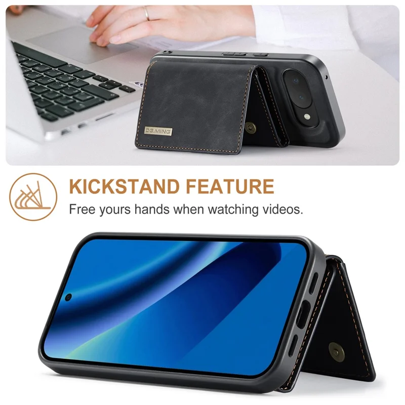 DG.MING M1 Series for Google Pixel 10a Phone Case PU + TPU + PC Back Cover with Magnetic Tri-Fold Wallet Kickstand - Black