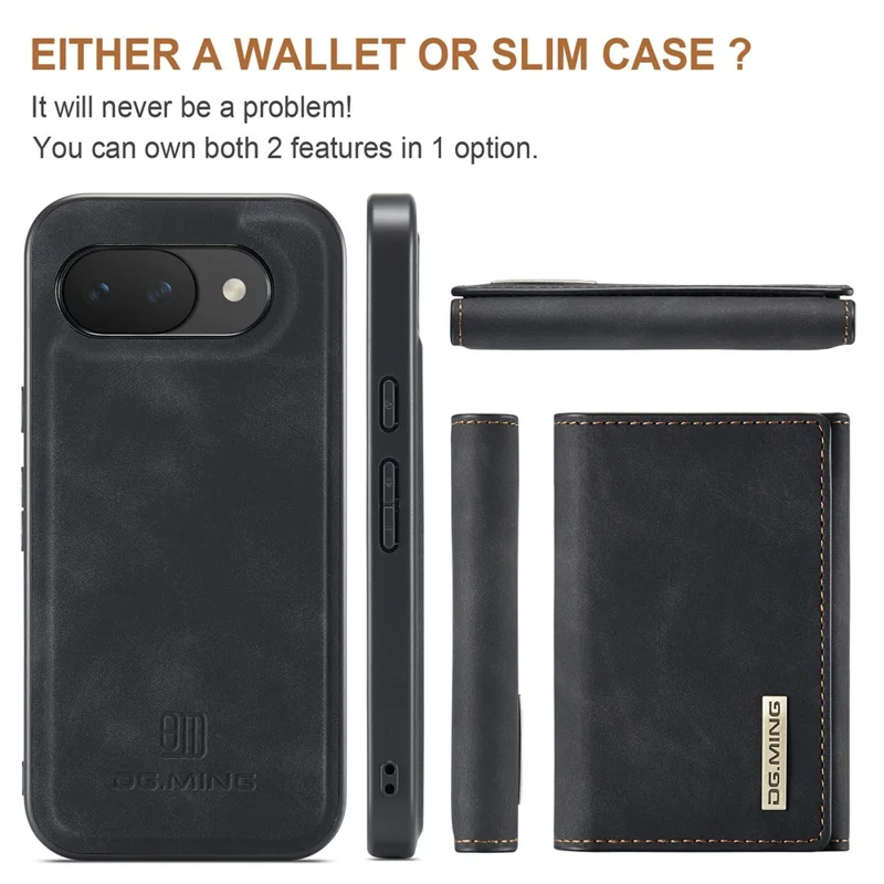 DG.MING M1 Series for Google Pixel 10a Phone Case PU + TPU + PC Back Cover with Magnetic Tri-Fold Wallet Kickstand - Black