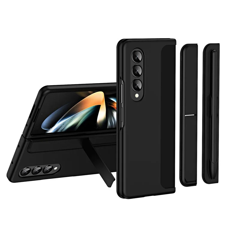Для Samsung Galaxy Z Fold4 5G Rubberized Hard PC Folding Shell Невидимая подставка Противоударный защитный чехол для телефона с держателем для карандаша - Черный