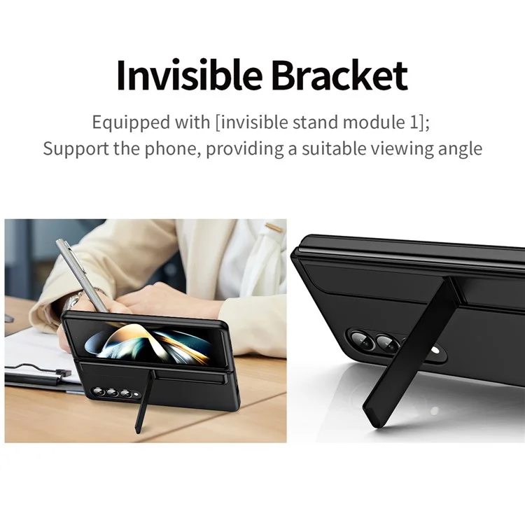 Для Samsung Galaxy Z Fold4 5G Rubberized Hard PC Folding Shell Невидимая подставка Противоударный защитный чехол для телефона с держателем для карандаша - Черный