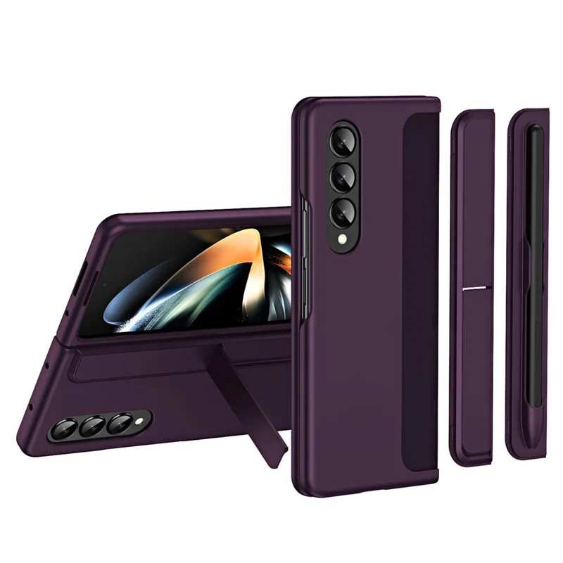 For Samsung Galaxy Z Fold4 5G Rubberized Hard PC Folding Shell Invisible Kickstand Anti-Scratch Protective Phone Case with Pencil  /  Pencil Holder - Dark Purple