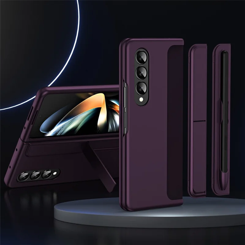 For Samsung Galaxy Z Fold4 5G Rubberized Hard PC Folding Shell Invisible Kickstand Anti-Scratch Protective Phone Case with Pencil  /  Pencil Holder - Dark Purple