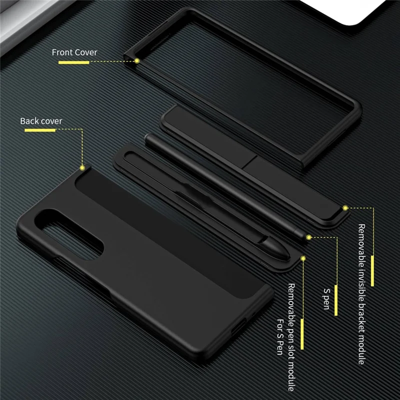 For Samsung Galaxy Z Fold4 5G Rubberized Hard PC Folding Shell Invisible Kickstand Anti-Scratch Protective Phone Case with Pencil  /  Pencil Holder - Dark Purple