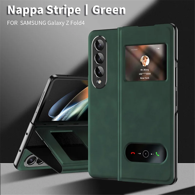 For Samsung Galaxy Z Fold4 5G View Window Design Folding Phone Protective Cover Nappa Texture PU Leather + PC Drop Resistant Case with Stand - Green