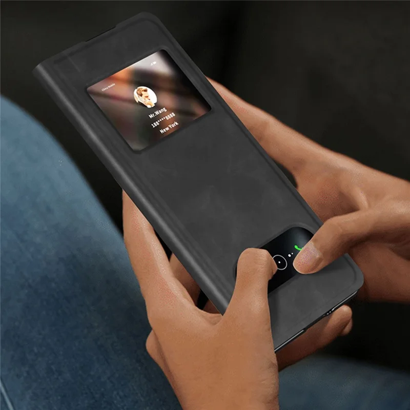 For Samsung Galaxy Z Fold4 5G View Window Design Folding Phone Protective Cover Nappa Texture PU Leather + PC Drop Resistant Case with Stand - Green