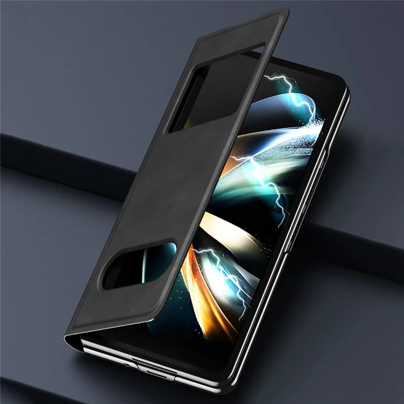 For Samsung Galaxy Z Fold4 5G View Window Design Folding Phone Protective Cover Nappa Texture PU Leather + PC Drop Resistant Case with Stand - Green