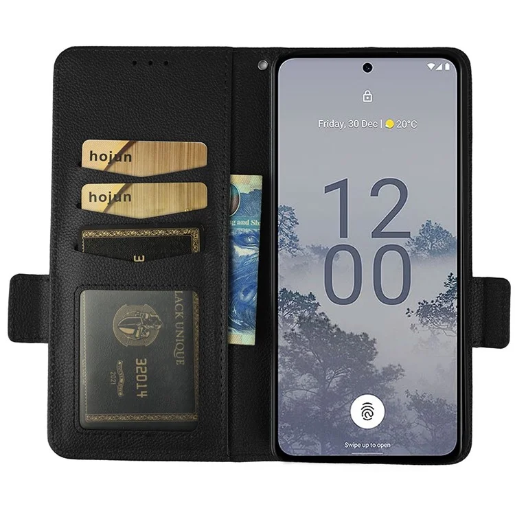 Для Nokia X30 5G Litchi Texture PU Leather Phone Case Full Protection Stand Magnetic Closure Flip Wallet Cover with Strap - Black
