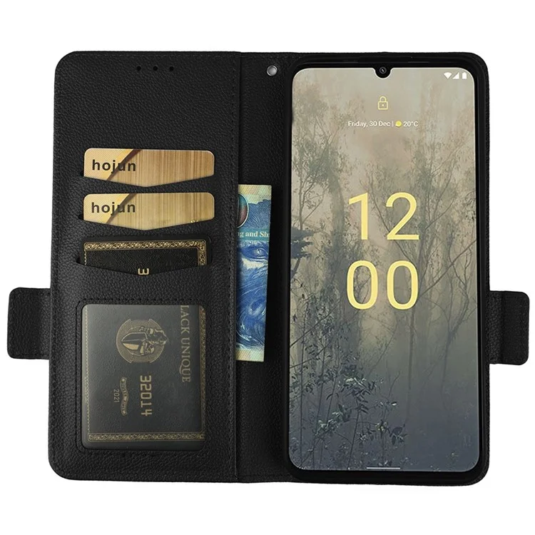 Для Nokia C31 4G Litchi Texture Wallet Case Case Cue Cutemper Shock -reseper Flip Stand Dual Magnetic Clasp Защитная Крышка с Ремешком - Черный