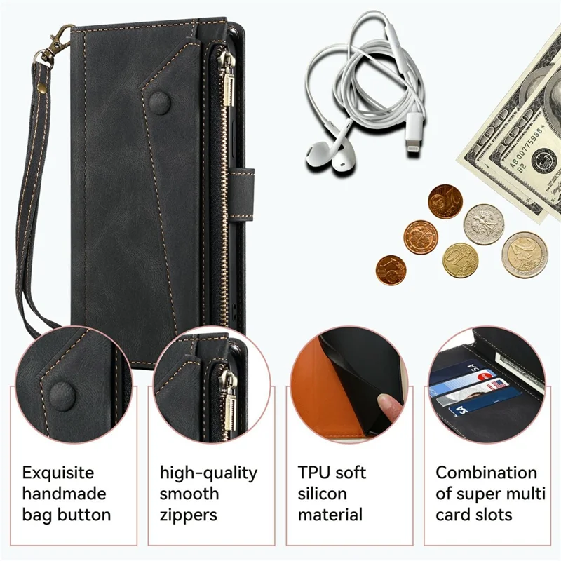 ESEBLE Star Series For iPhone XR 6.1 inch Case Zipper Wallet Leather Stand Phone Cover - Black