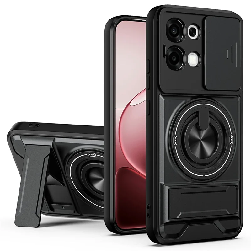 For Oppo A6 Pro 5G / A6 Pro 4G Magnetic Case Ring Holder Foldable Kickstand TPU PC Phone Cover with Camera Lens Slider - Black
