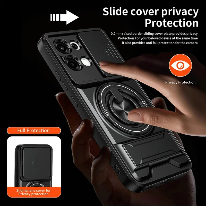 For Oppo A6 Pro 5G / A6 Pro 4G Magnetic Case Ring Holder Foldable Kickstand TPU PC Phone Cover with Camera Lens Slider - Black