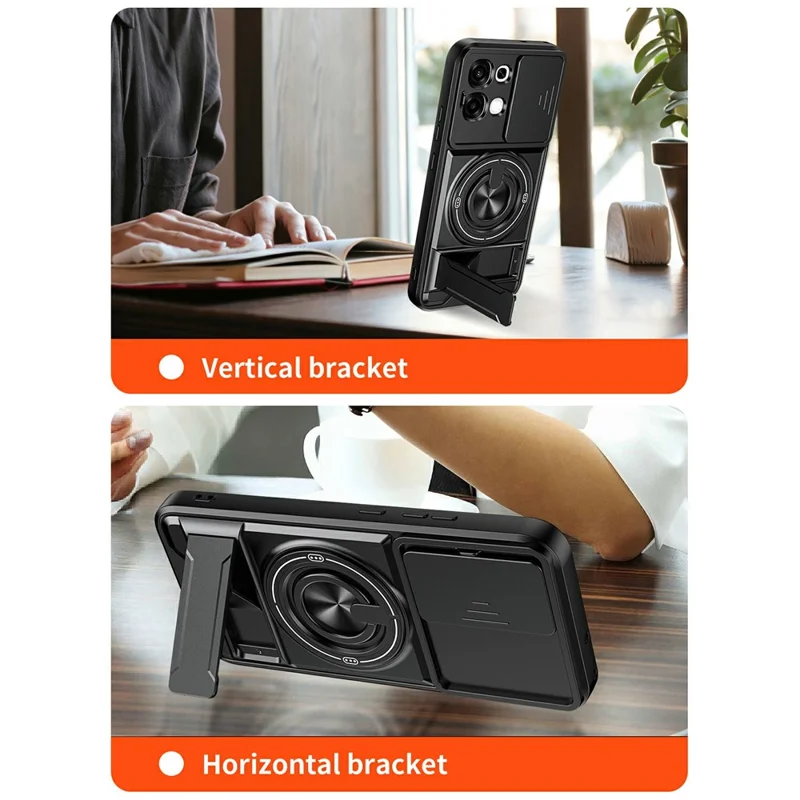 For Oppo A6 Pro 5G / A6 Pro 4G Magnetic Case Ring Holder Foldable Kickstand TPU PC Phone Cover with Camera Lens Slider - Black