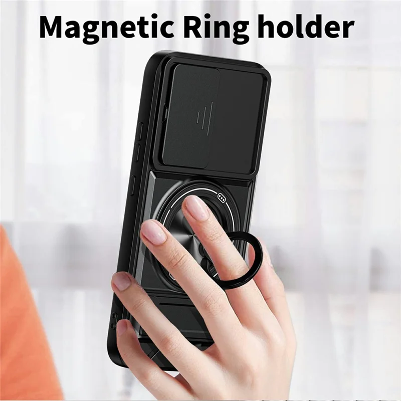 For Oppo A6 Pro 5G / A6 Pro 4G Magnetic Case Ring Holder Foldable Kickstand TPU PC Phone Cover with Camera Lens Slider - Black