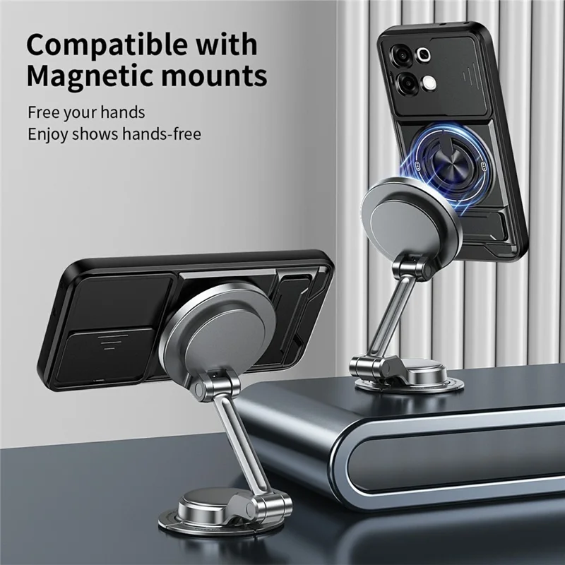 For Oppo A6 Pro 5G / A6 Pro 4G Magnetic Case Ring Holder Foldable Kickstand TPU PC Phone Cover with Camera Lens Slider - Black