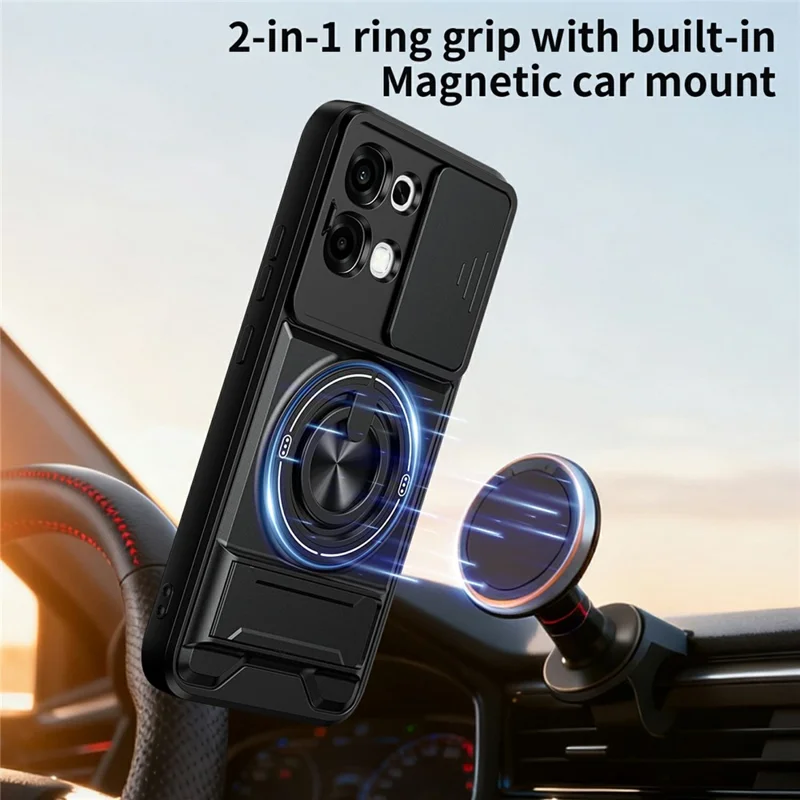 For Oppo A6 Pro 5G / A6 Pro 4G Magnetic Case Ring Holder Foldable Kickstand TPU PC Phone Cover with Camera Lens Slider - Black