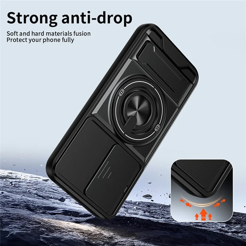 For Oppo A6 Pro 5G / A6 Pro 4G Magnetic Case Ring Holder Foldable Kickstand TPU PC Phone Cover with Camera Lens Slider - Black