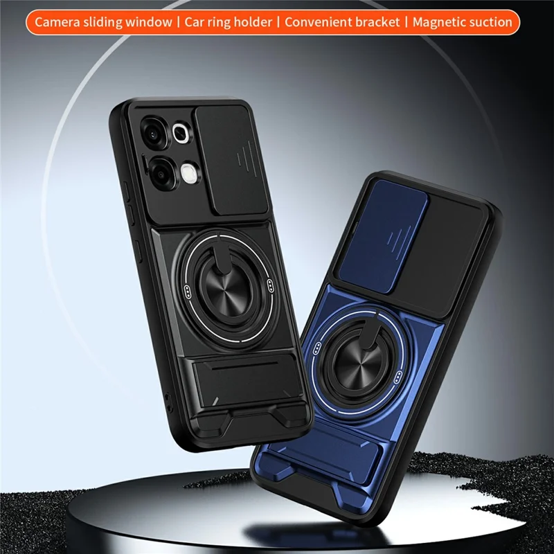 For Oppo A6 Pro 5G / A6 Pro 4G Magnetic Case Ring Holder Foldable Kickstand TPU PC Phone Cover with Camera Lens Slider - Black