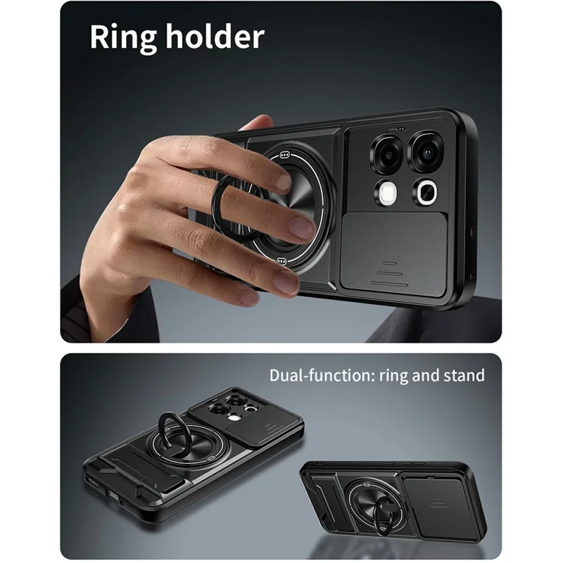 For Oppo A6 Pro 5G / A6 Pro 4G Magnetic Case Ring Holder Foldable Kickstand TPU PC Phone Cover with Camera Lens Slider - Black