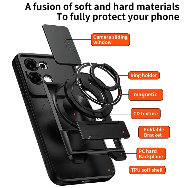 For Oppo A6 Pro 5G / A6 Pro 4G Magnetic Case Ring Holder Foldable Kickstand TPU PC Phone Cover with Camera Lens Slider - Black