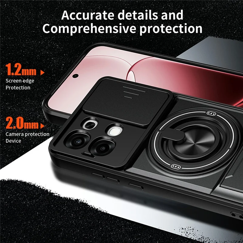 For Oppo A6 Pro 5G / A6 Pro 4G Magnetic Case Ring Holder Foldable Kickstand TPU PC Phone Cover with Camera Lens Slider - Black