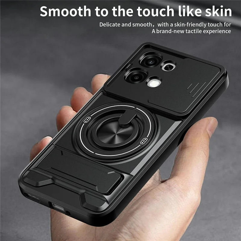 For Oppo A6 Pro 5G / A6 Pro 4G Magnetic Case Ring Holder Foldable Kickstand TPU PC Phone Cover with Camera Lens Slider - Black