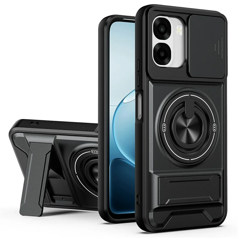 For Oppo A6x 4G / A6x 5G Magnetic Case Ring Holder Foldable Kickstand TPU PC Phone Cover with Camera Lens Slider - Black