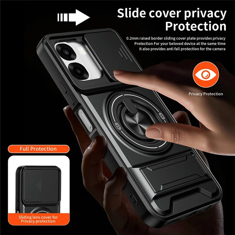 For Oppo A6x 4G / A6x 5G Magnetic Case Ring Holder Foldable Kickstand TPU PC Phone Cover with Camera Lens Slider - Black