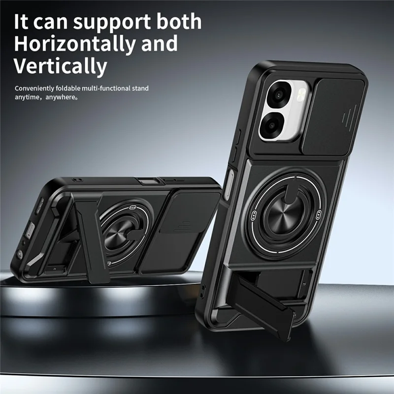For Oppo A6x 4G / A6x 5G Magnetic Case Ring Holder Foldable Kickstand TPU PC Phone Cover with Camera Lens Slider - Black