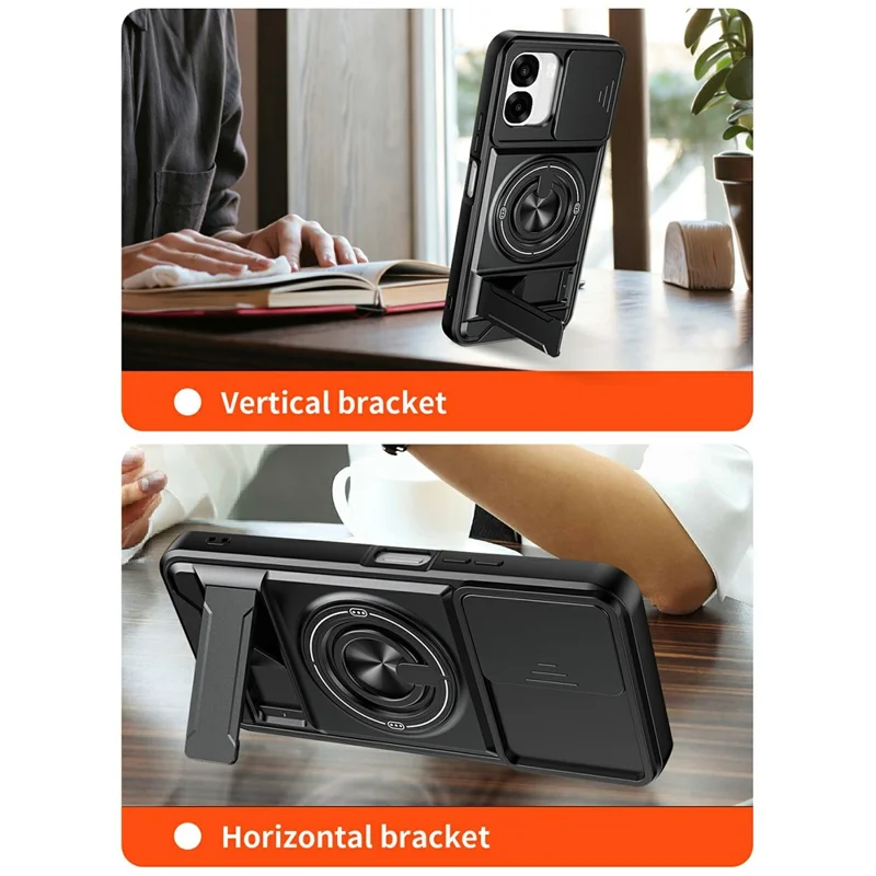 For Oppo A6x 4G / A6x 5G Magnetic Case Ring Holder Foldable Kickstand TPU PC Phone Cover with Camera Lens Slider - Black