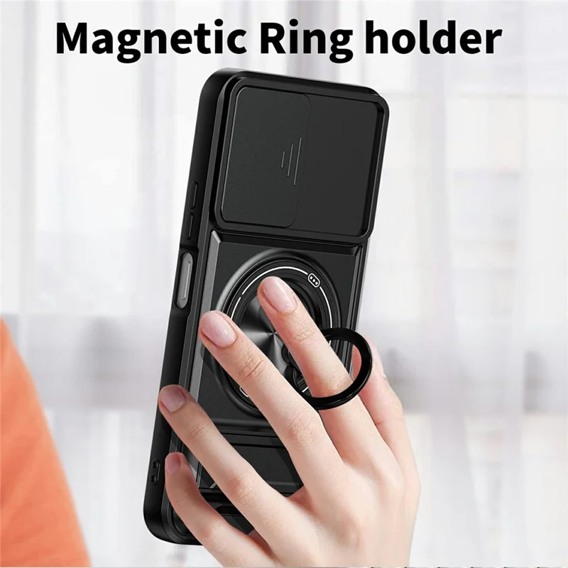 For Oppo A6x 4G / A6x 5G Magnetic Case Ring Holder Foldable Kickstand TPU PC Phone Cover with Camera Lens Slider - Black