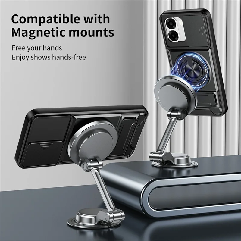 For Oppo A6x 4G / A6x 5G Magnetic Case Ring Holder Foldable Kickstand TPU PC Phone Cover with Camera Lens Slider - Black