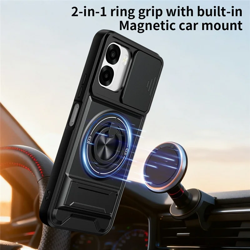 For Oppo A6x 4G / A6x 5G Magnetic Case Ring Holder Foldable Kickstand TPU PC Phone Cover with Camera Lens Slider - Black