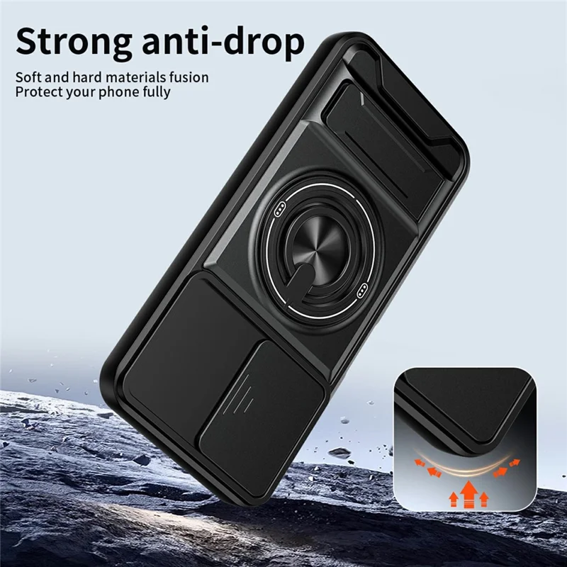 For Oppo A6x 4G / A6x 5G Magnetic Case Ring Holder Foldable Kickstand TPU PC Phone Cover with Camera Lens Slider - Black