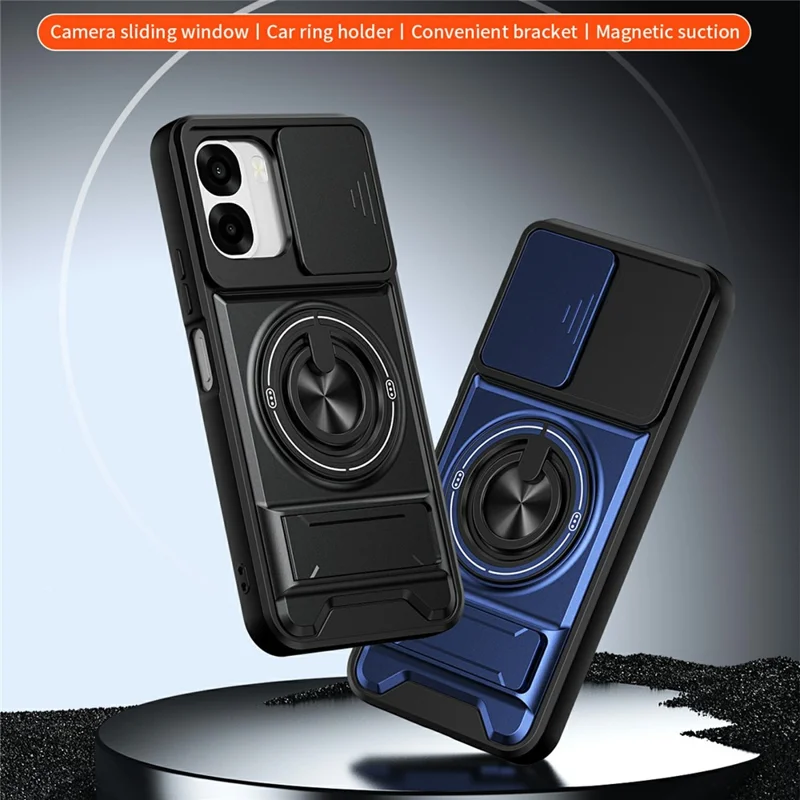 For Oppo A6x 4G / A6x 5G Magnetic Case Ring Holder Foldable Kickstand TPU PC Phone Cover with Camera Lens Slider - Black