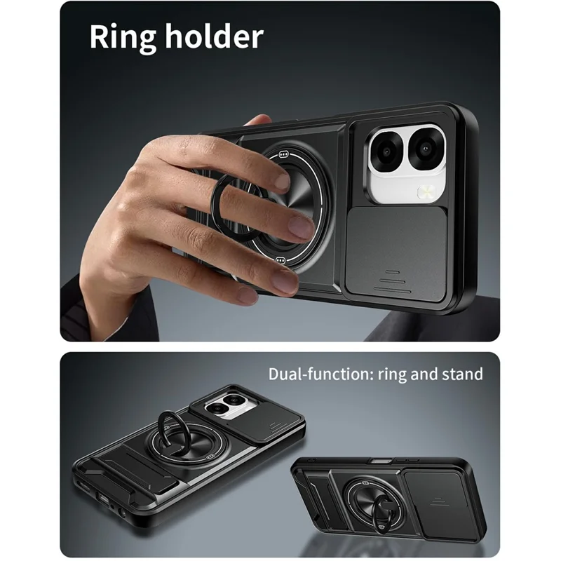 For Oppo A6x 4G / A6x 5G Magnetic Case Ring Holder Foldable Kickstand TPU PC Phone Cover with Camera Lens Slider - Black