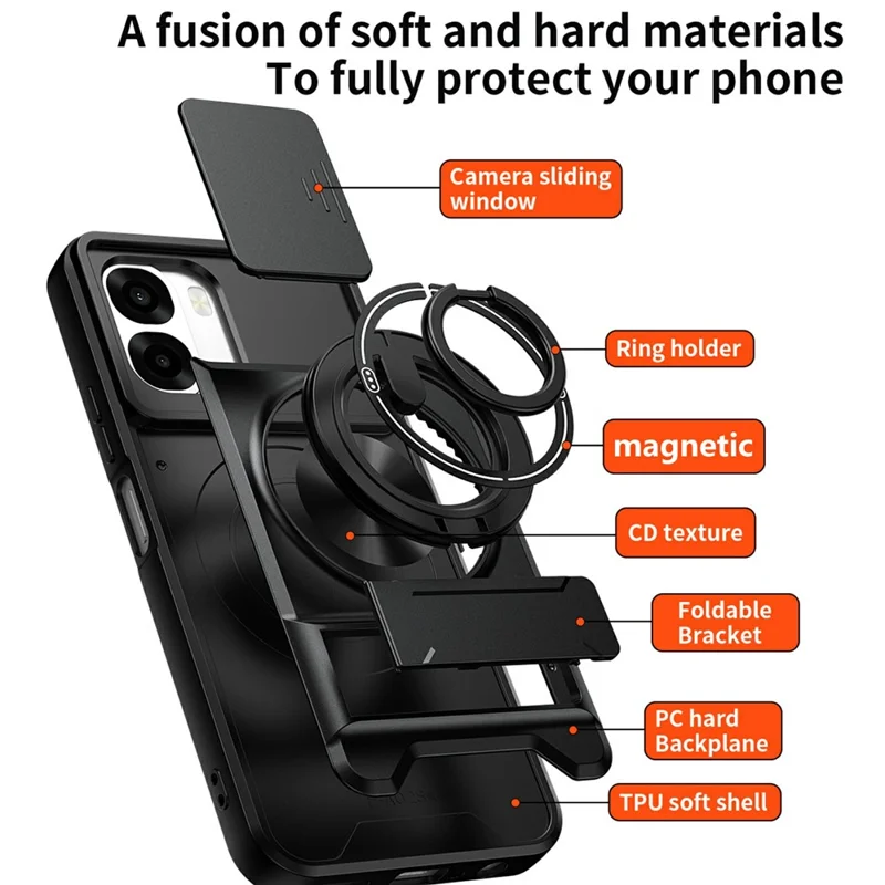 For Oppo A6x 4G / A6x 5G Magnetic Case Ring Holder Foldable Kickstand TPU PC Phone Cover with Camera Lens Slider - Black