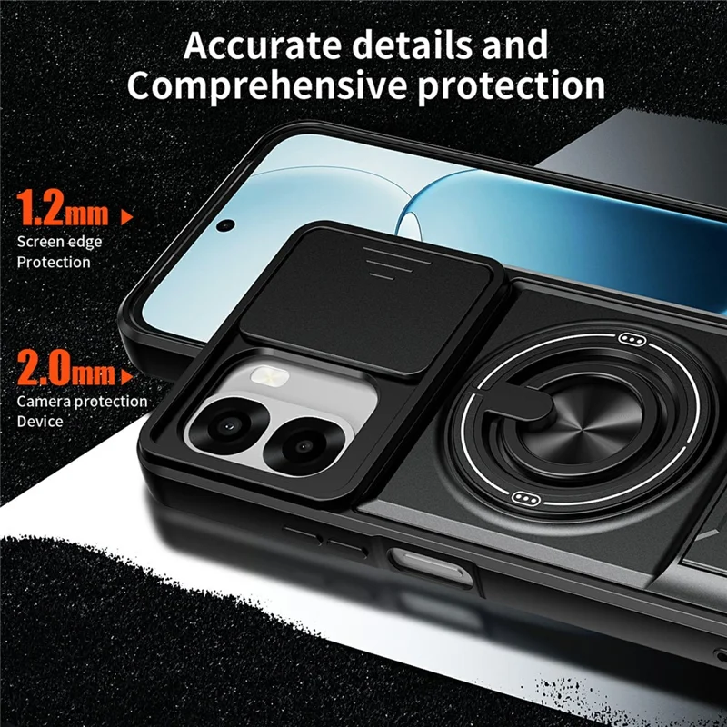 For Oppo A6x 4G / A6x 5G Magnetic Case Ring Holder Foldable Kickstand TPU PC Phone Cover with Camera Lens Slider - Black