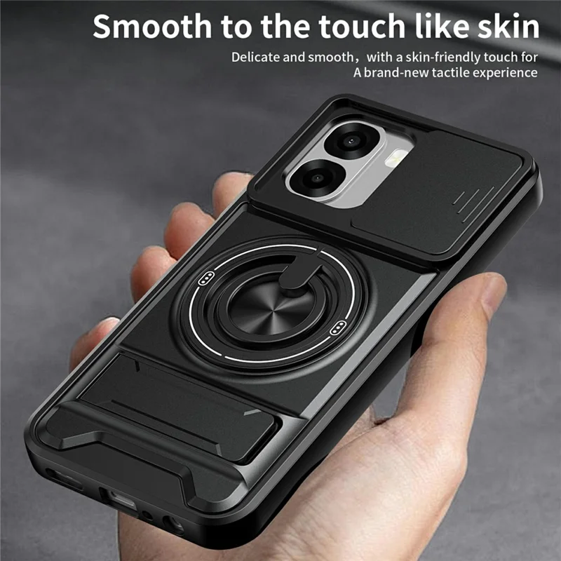 For Oppo A6x 4G / A6x 5G Magnetic Case Ring Holder Foldable Kickstand TPU PC Phone Cover with Camera Lens Slider - Black