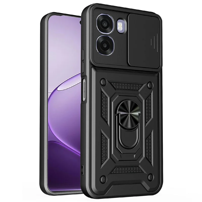 For Oppo A6x 4G / A6x 5G Case with Slide Camera Lid PC + TPU Kickstand Phone Cover - Black