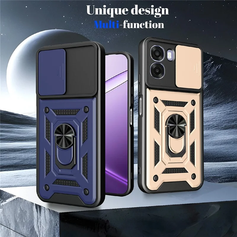 For Oppo A6x 4G / A6x 5G Case with Slide Camera Lid PC + TPU Kickstand Phone Cover - Black