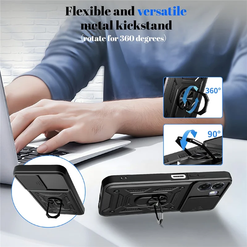 For Oppo A6x 4G / A6x 5G Case with Slide Camera Lid PC + TPU Kickstand Phone Cover - Black