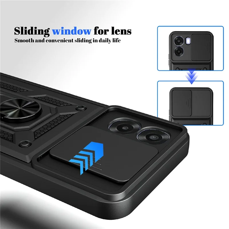 For Oppo A6x 4G / A6x 5G Case with Slide Camera Lid PC + TPU Kickstand Phone Cover - Black