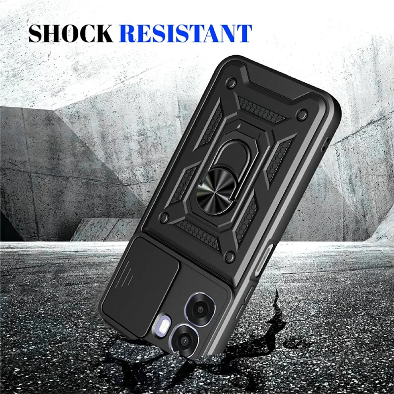 For Oppo A6x 4G / A6x 5G Case with Slide Camera Lid PC + TPU Kickstand Phone Cover - Black